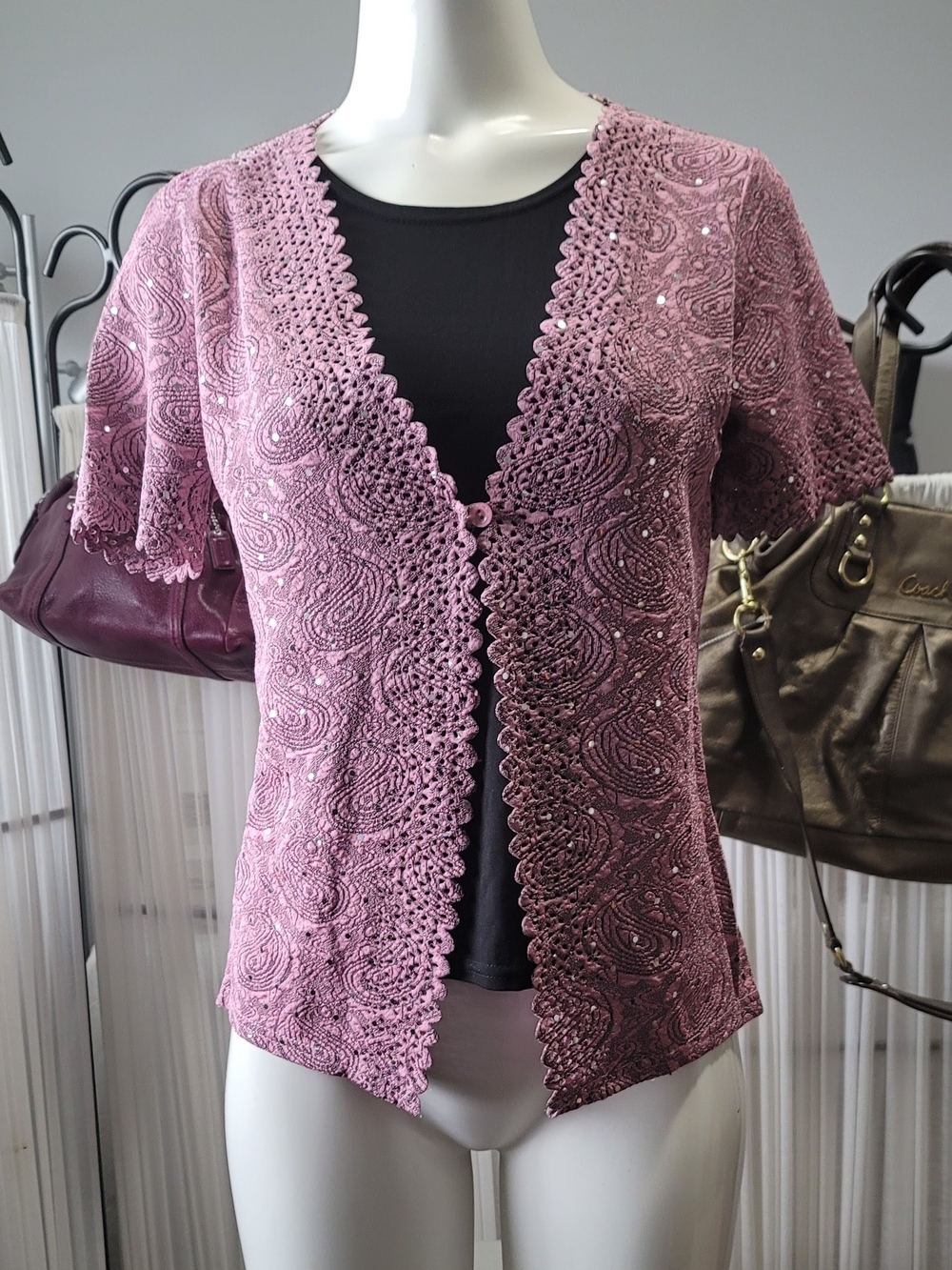 Women's Lace Knit Short Sleeve Top - Dusty Rose Size S